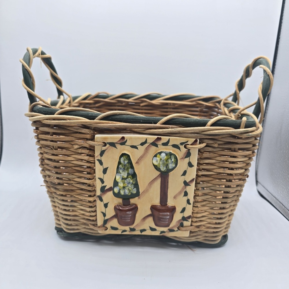 Vintage‎ 1980s Wicker Basket Handles Ceramic Topiary Tree Tile Decor Cottagecore